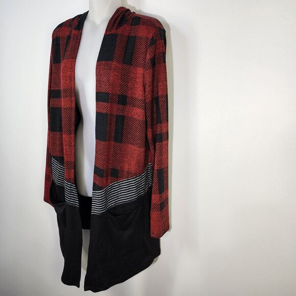 Maurices Womens Hooded Cardigan Medium Buffalo Plaid Block Drape Front Red Black - Picture 5 of 11